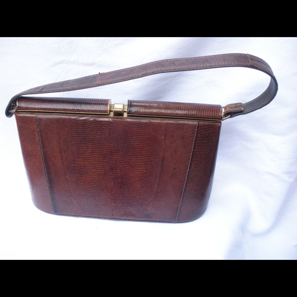 Vintage Brown Lizard Reptile Handbag Kelly Box